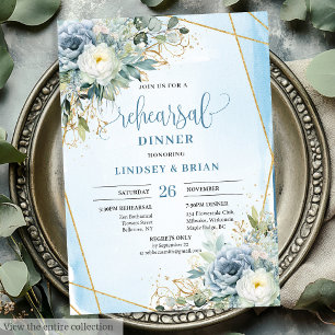 Invitación Cena Purpurina romántica de oro con flores azules