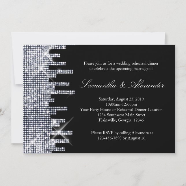 Invitación Cena Purpurinoso de glamour negro/plateado (Anverso)