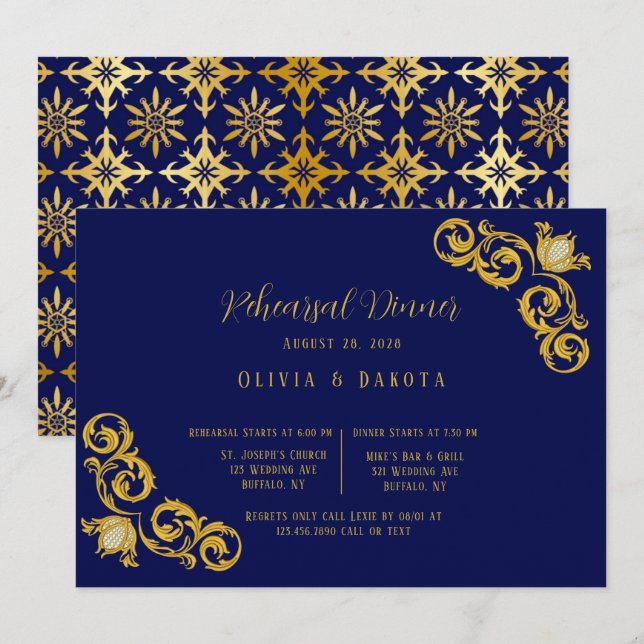 Invitación Cena Real Azul y Boda Oro (Anverso / Reverso)