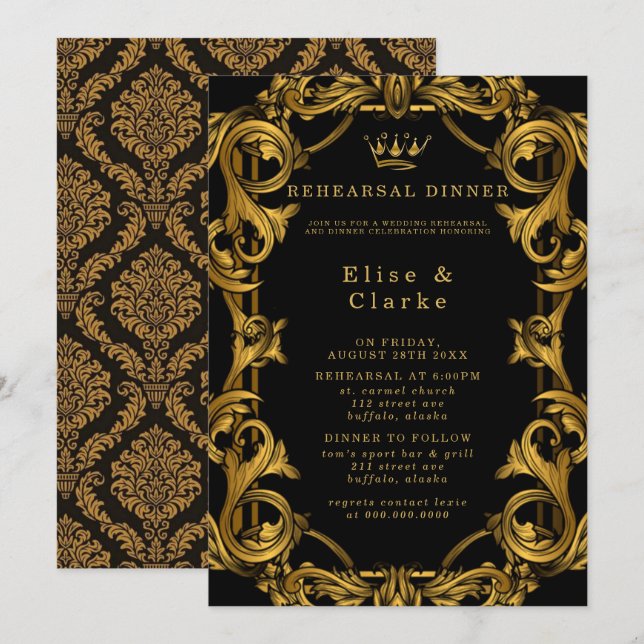 Invitación Cena real de oro negro Art Deco (Anverso / Reverso)