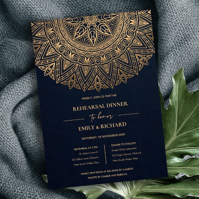 INVITACIÓN CENA REHEARSAL DE NAVY GOLD ORNATE CLÁSICO MANDALA (Subido por el creador)