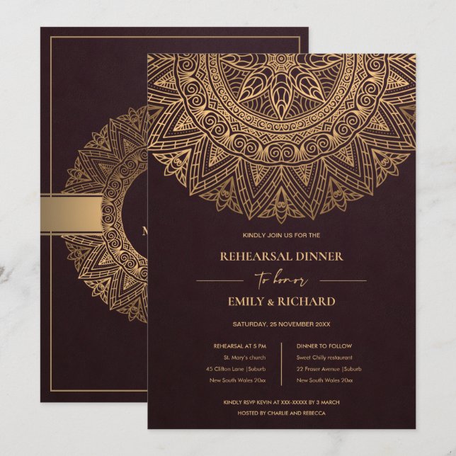INVITACIÓN CENA REHEARSAL DE ORO BURGUNDY ORNATE MANDALA (Anverso / Reverso)
