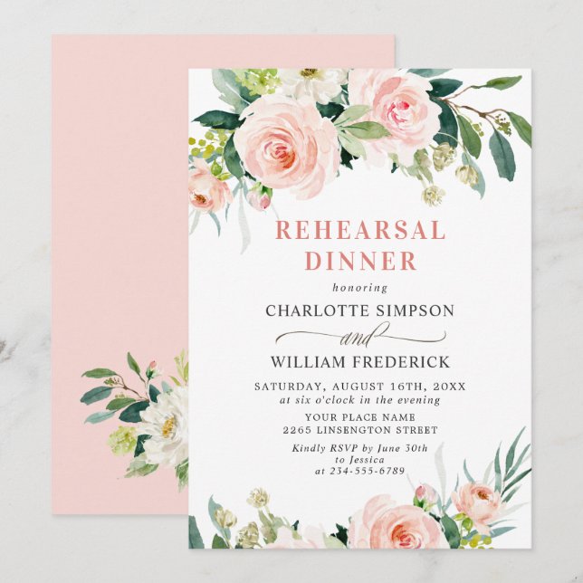 Invitación CENA REHEARSAL DE Rubor Pink Flowers Greenereneren (Anverso / Reverso)