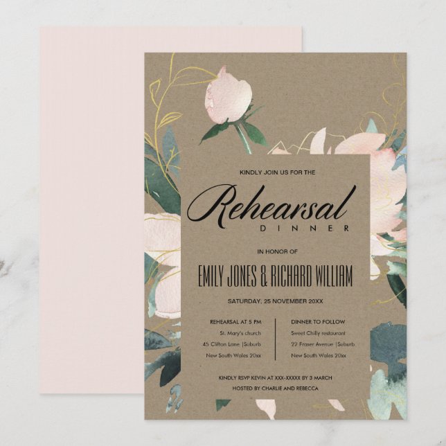 INVITACIÓN CENA REHEARSAL RÚSTICA RUBOR FLORAL WATERCOLOR (Anverso / Reverso)