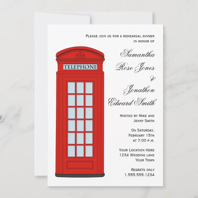 Invitación Cena roja británica del ensayo de la boda de la (Anverso)