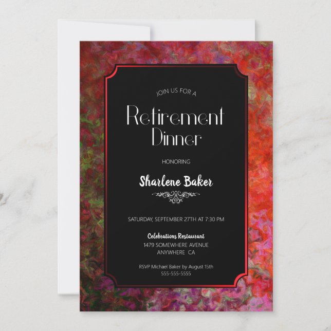 Invitación Cena roja y negra de Fiesta de Jubilación (Anverso)