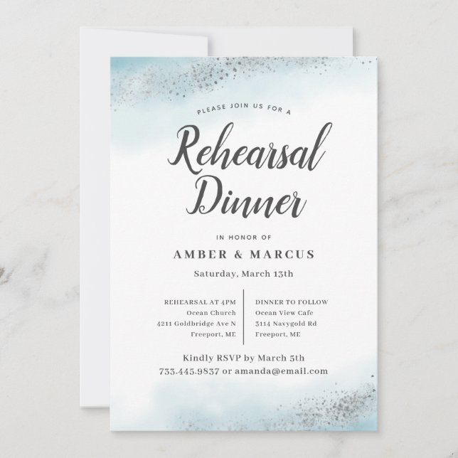 Invitación Cena romántica Boda azul ómbre (Anverso)