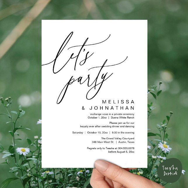 Invitación Cena romántica Boda bailando, vamos Fiesta (Let's Party, Romantic Charm Wedding Dinner Dancing Lunch Brunch Invitation Card PDF White Black)