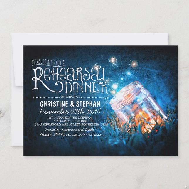 Invitación Cena romántica con tarro de albañil y luciérnagas (Anverso)