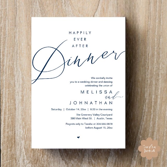 Invitación Cena Romántica de Boda Felices para Siempre (Happily Ever After Dinner Romantic Wedding Reception Party Invitation card in navy blue)