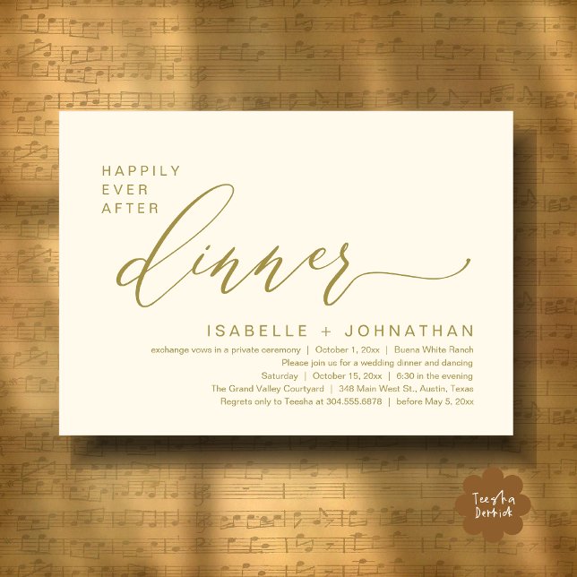 Invitación Cena Romántica de Elopamiento con Final Feliz (Romantic Modern Happily Ever After Party Elopement Dinner Invitation Card PDF in Classy Yellow Gold)