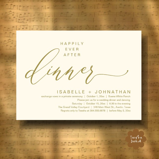 Invitación Cena Romántica de Elopamiento con Final Feliz para (Romantic Modern Happily Ever After Party Elopement Dinner Invitation Card PDF in Classy Yellow Gold)