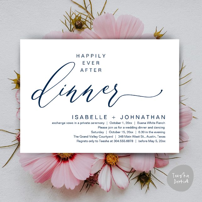 Invitación Cena Romántica de Elopamiento con Final Feliz para (Romantic Modern Happily Ever After Party Elopement Dinner Invitation Card PDF in Classy Navy Blue)
