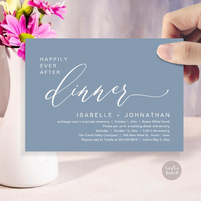 Invitación Cena Romántica de Elopamiento con Final Feliz para (Romantic Modern Happily Ever After Party Elopement Dinner Invitation Card PDF in Classy Dusty Blue)