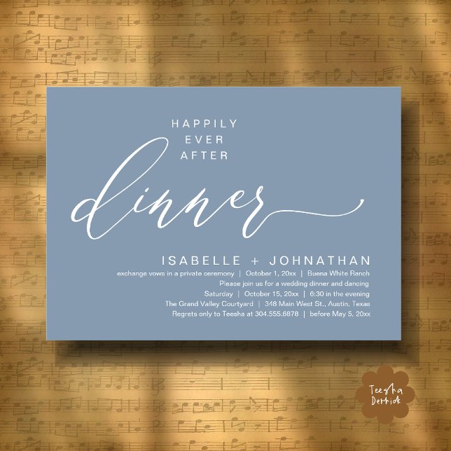 Invitación Cena Romántica de Elopement con Final Feliz para S (Romantic Modern Happily Ever After Party Elopement Dinner Invitation Card PDF in Classy Dusty Blue)