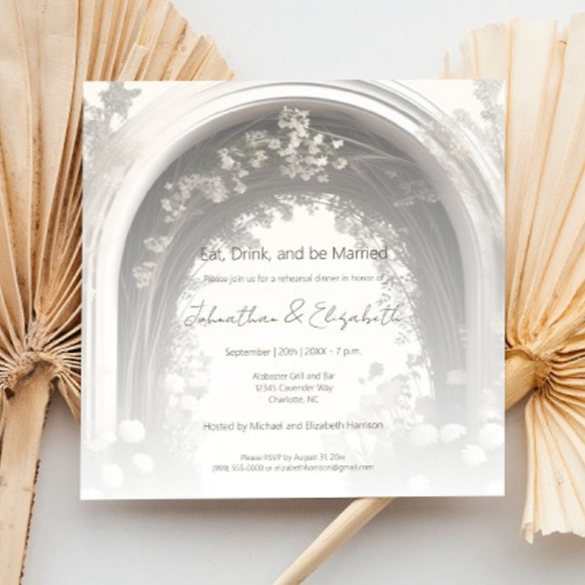 Invitación Cena romántica de ensayo de arcos botánicos de Boh (Romantic Boho Botanical Arch Wedding Rehearsal Dinner Invitation)