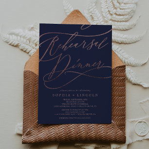 Invitación Cena romántica de Rosa dorado y azul de la marina