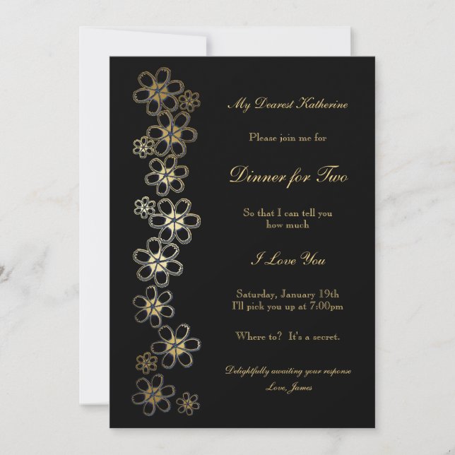 Invitación Cena romántica negra y dorada para dos (Anverso)