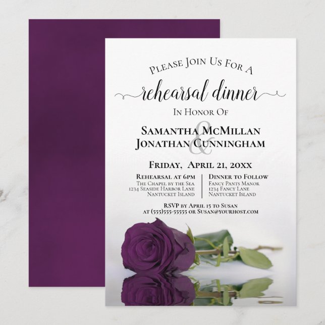 Invitación Cena romántica Rosa púrpura Boda (Anverso / Reverso)