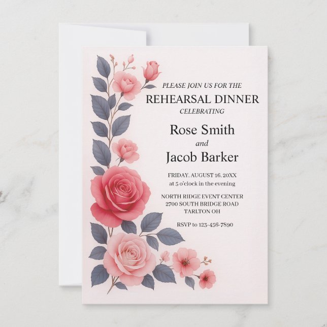 Invitación Cena Rosa de Boda floral de Rubor (Anverso)