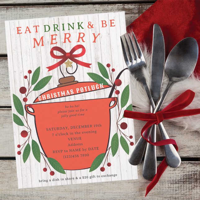 Invitación Cena Rústica Come, Bebe y Alégrate en Navidad (Rustic Eat Drink and Be Merry Christmas Potluck Invitation for Church Family Office Xmas Parties)