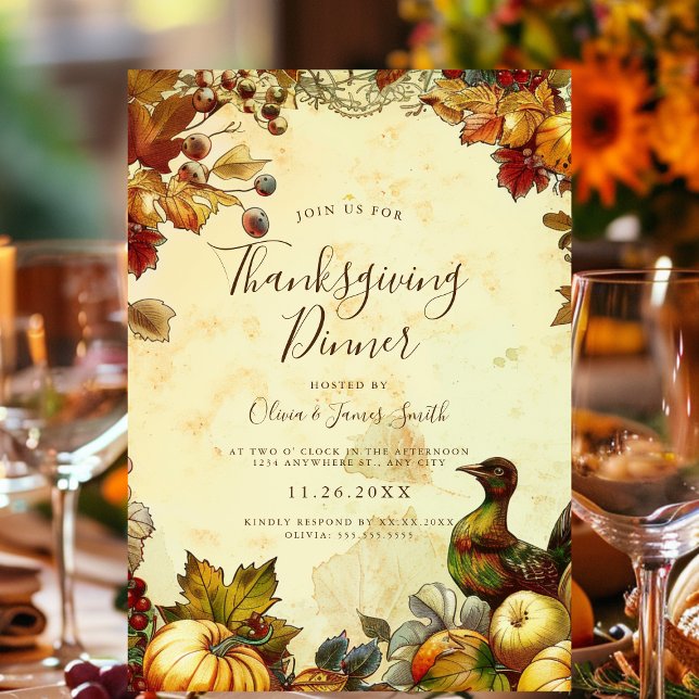 Invitación Cena Rustica de Acción de Gracias (GPT
An autumn-themed Thanksgiving invite with elegant script, pumpkins, and fall leaves.)
