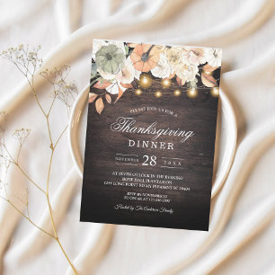 Invitación Cena Rústica de Acción de Gracias   Luces Florales