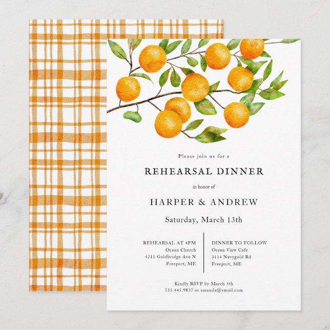 Invitación Cena Rústica de Boda de cítricos (Anverso / Reverso)