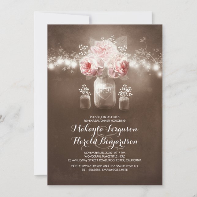 Invitación cena rústica de boda en tarro de granero de masón (Anverso)