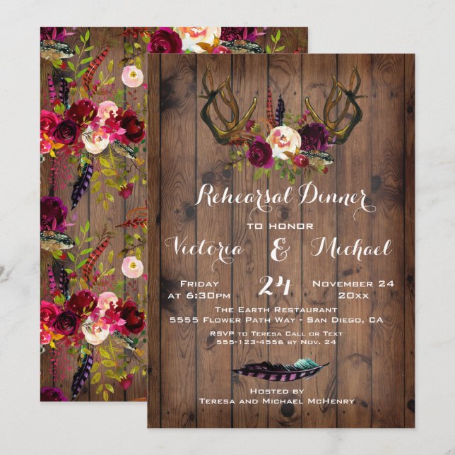 Invitación Cena rústica de Boho con ánimos florales (Anverso / Reverso)