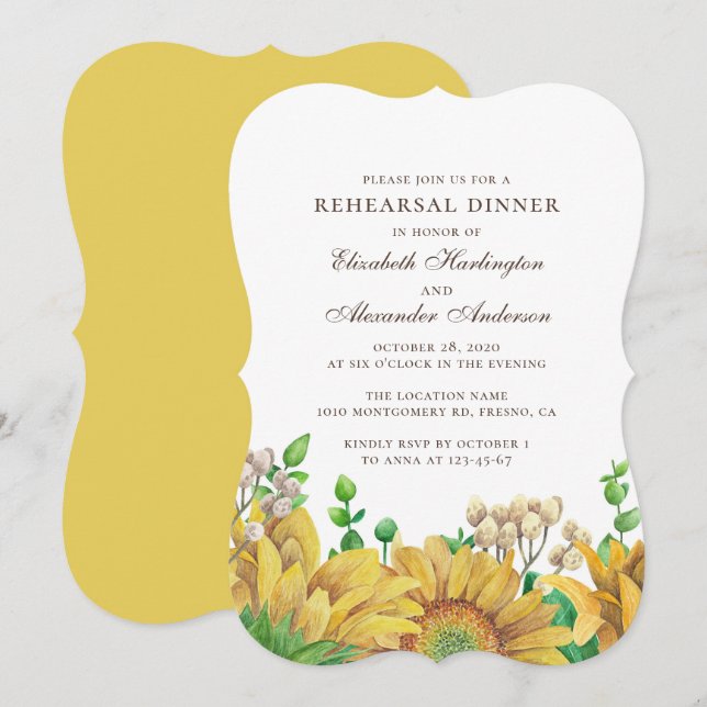 Invitación Cena rústica de girasol. Floral de país (Anverso / Reverso)