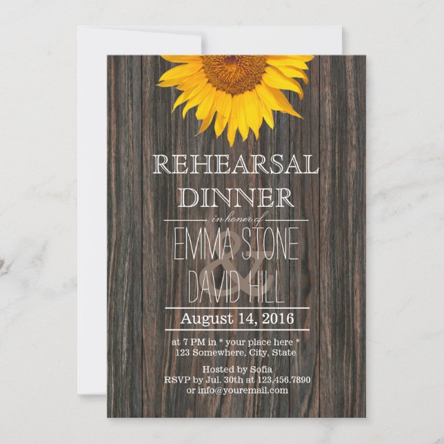 Invitación Cena Rústica de Madera Oscura y Sunflower (Anverso)