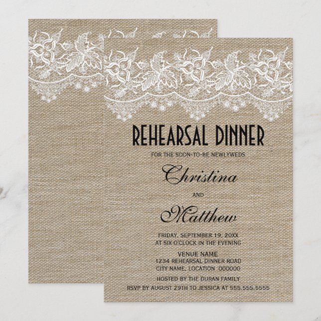 Invitación Cena Rústica de yute y encaje (Anverso / Reverso)