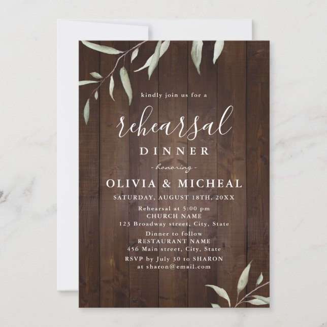 Invitación Cena rústica elegante de madera verde (Anverso)