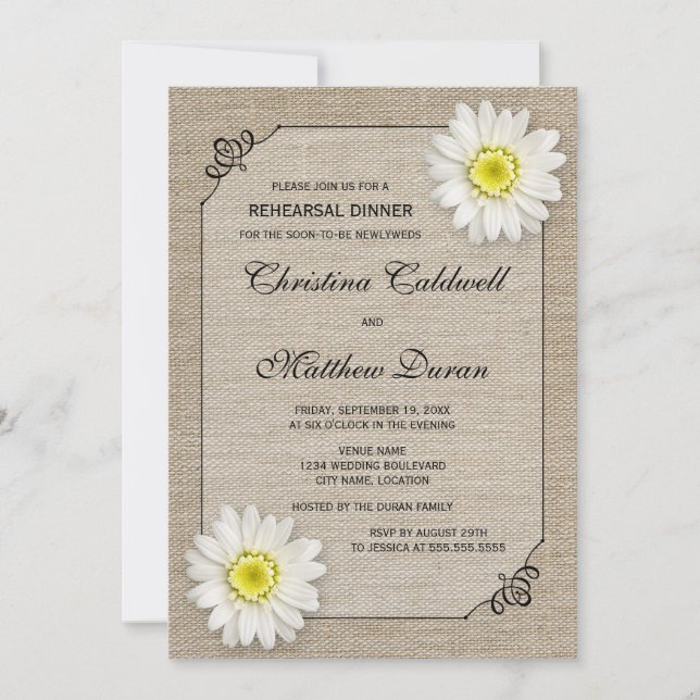 Invitación Cena Rústica Jute y White Daisy (Anverso)