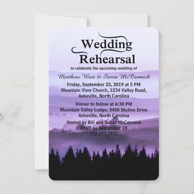 Invitación Cena rústica púrpura del ensayo de la boda de la (Anverso)