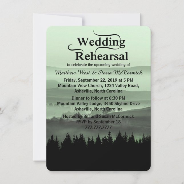 Invitación Cena rústica verde del ensayo de la boda de la (Anverso)