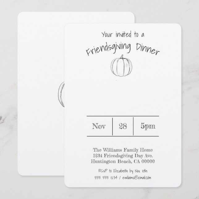 Invitación Cena sencilla de calabaza escrita a mano (Anverso / Reverso)