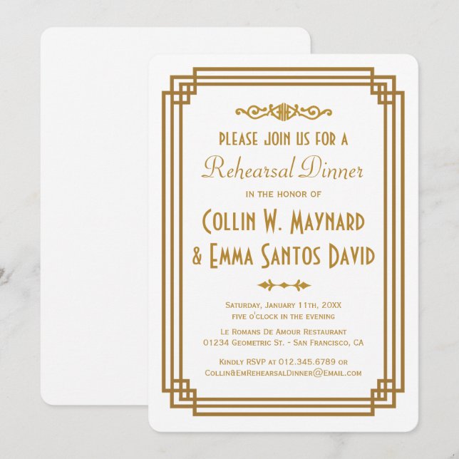 Invitación Cena sencilla de ensayo Art Deco blanco invita a (Anverso / Reverso)