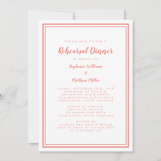 Invitación Cena simple de corales y Bodas blancos (Anverso)