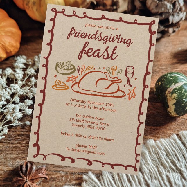 Invitación Cena sincera de Día de Acción de Gracias Kraft (Whimsical Thanksgiving Friendsgiving Dinner Kraft Invitation
)