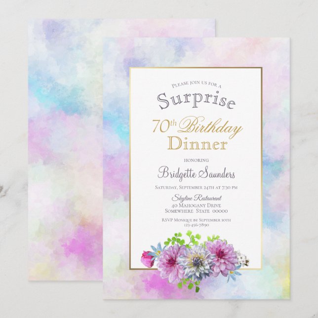 Invitación Cena sorpresa de cumpleaños 70 con flores rosadas (Anverso / Reverso)