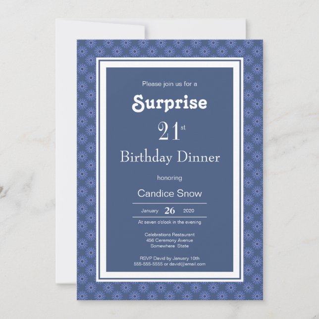 Invitación Cena sorpresa del patrón blanco azul de cumpleaños (Anverso)