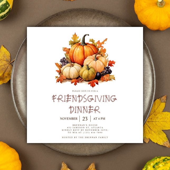 Invitación Cena tierna de calabaza (Cute Pumpkin Friendsgiving Dinner Invitation)