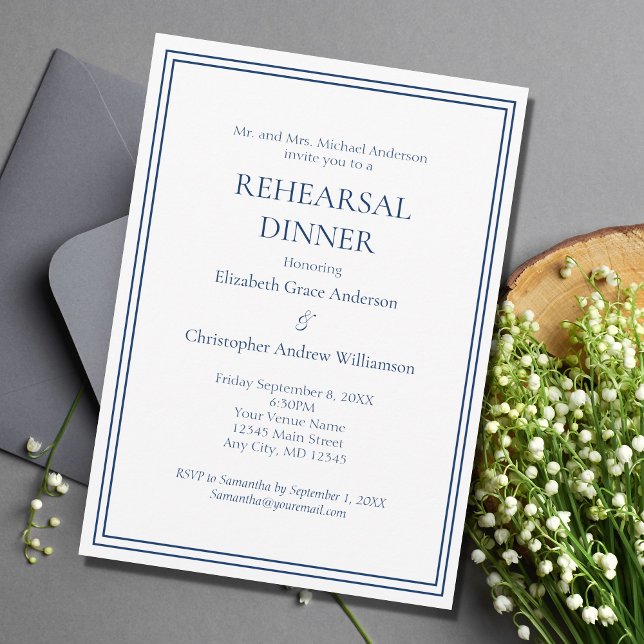 Invitación Cena tradicional de ensayo de borde blanco azul (Subido por el creador)