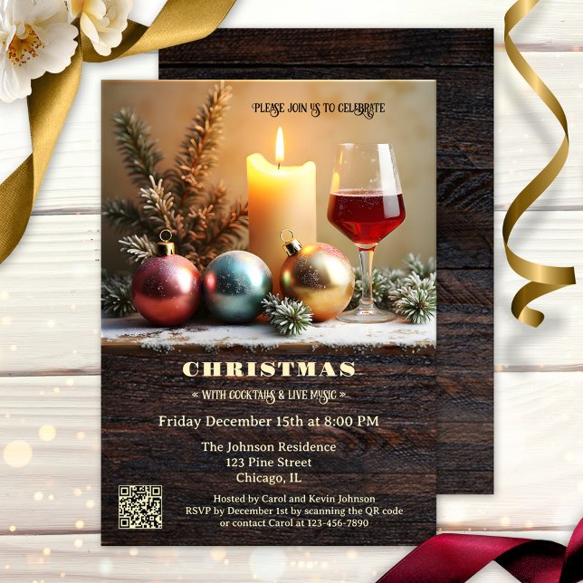 Invitación Cena tradicional de Navidades con vino y velas (Traditional cozy Christmas dinner party invitation featuring festive baubles and wine with a candle)
