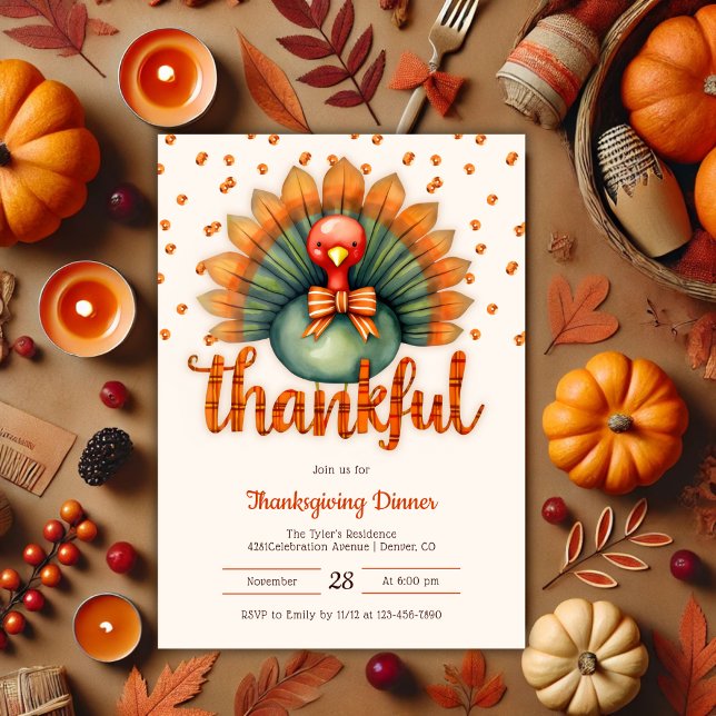 Invitación Cena única de acción de gracias para Turquía (Unique Thankful Cute Turkey Thanksgiving Dinner Invitation)