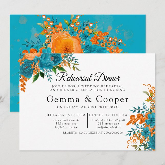 Invitación Cena verde azulada y Naranja elegante florística (Anverso / Reverso)
