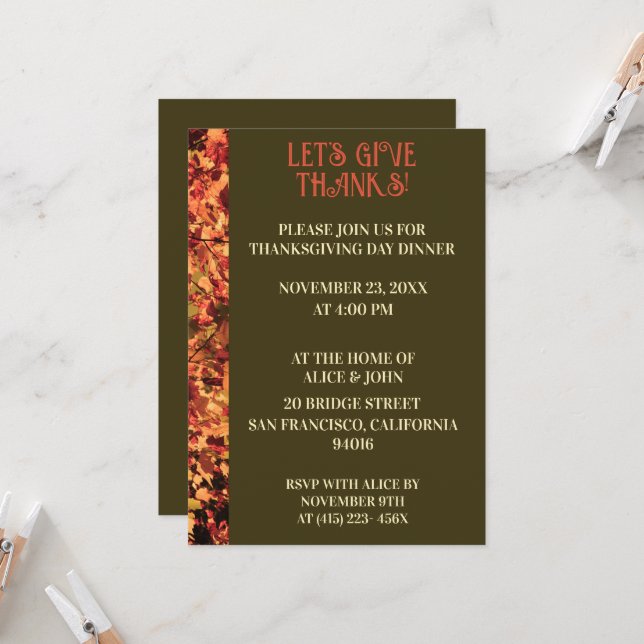 Invitación Cena verde oscuro de Acción de Gracias en otoño (Anverso/Reverso In Situ)