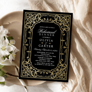Invitación Cena vintage elegante en negro y oro
